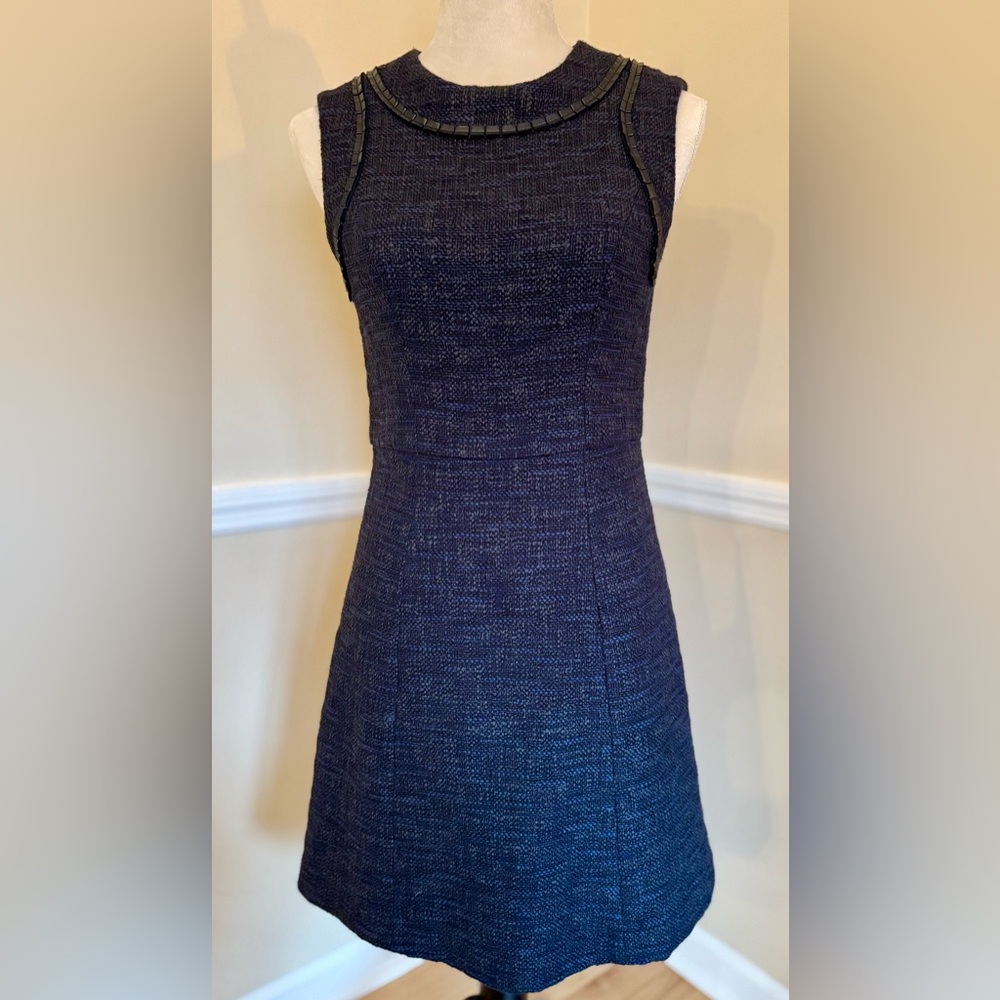 Shoshanna Navy & Black Tweed Sleeveless Dress with Leather Trim, Size 2 🖤💙 - Picture 2 of 8